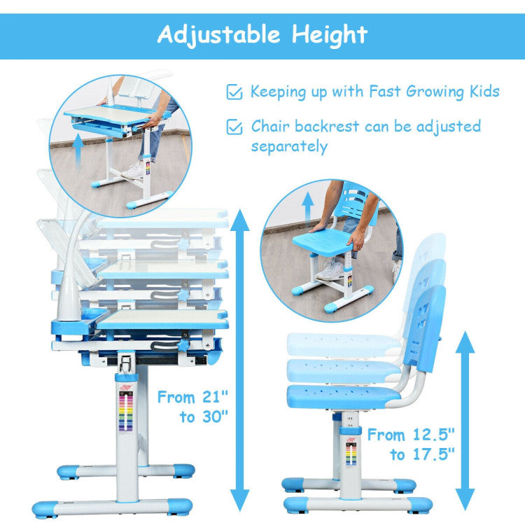 Adjustable Kid's Desk Chair Set with Lamp and Bookstand