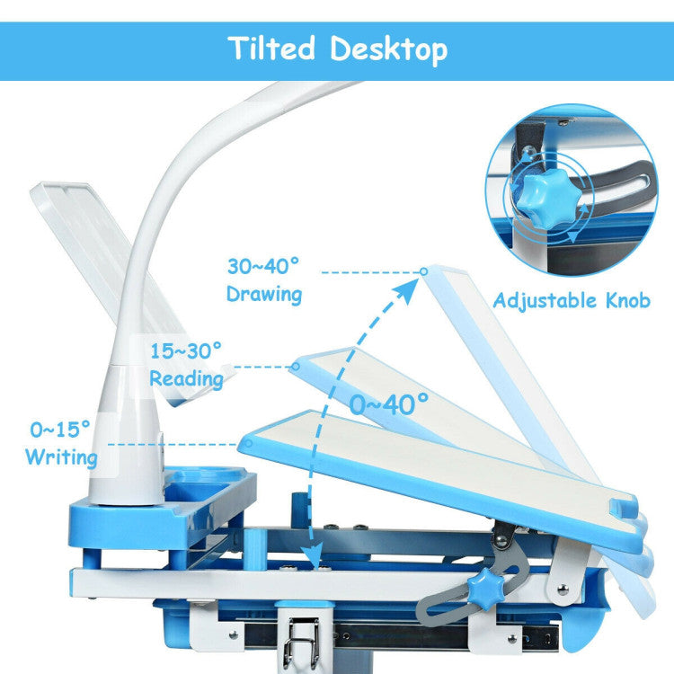 Adjustable Kid's Desk Chair Set with Lamp and Bookstand