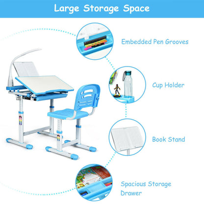 Adjustable Kid's Desk Chair Set with Lamp and Bookstand