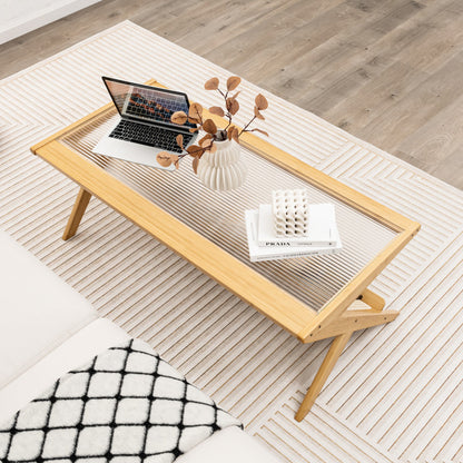 Z-Shaped Handwoven Bamboo Coffee Table with Tempered Glass Top