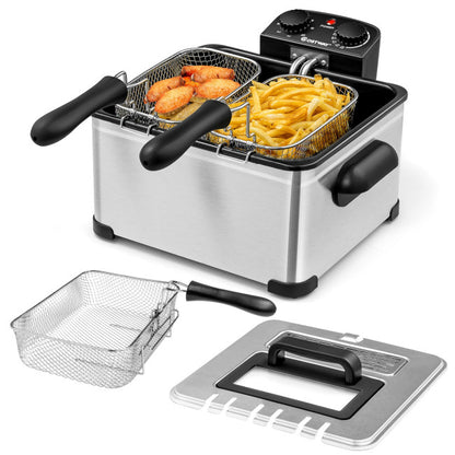 Electric Deep Fryer 5.3QT/21-Cup Stainless Steel 1700W with Triple Basket