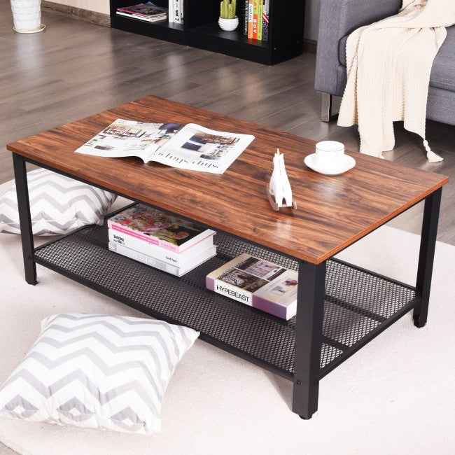 Metal Frame Wood Coffee Table Console Table with Storage Shelf