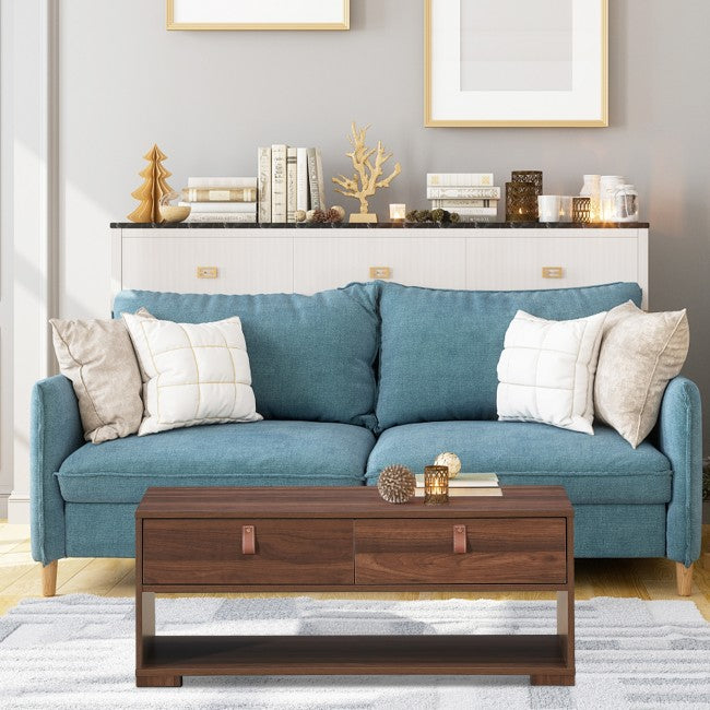 Wood Cocktail Coffee Table with 2 Drawers and Open Storage Shelf