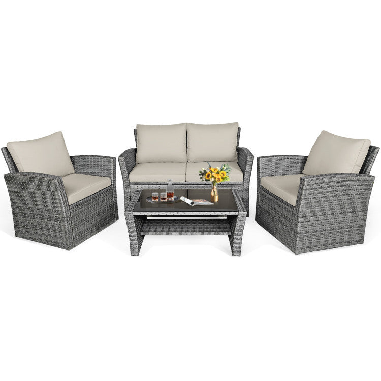 4-Piece Patio Rattan Furniture Set Sofa Table with Storage Shelf Cushion