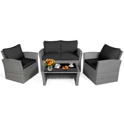 4-Piece Patio Rattan Furniture Set Sofa Table with Storage Shelf Cushion