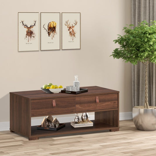 Wood Cocktail Coffee Table with 2 Drawers and Open Storage Shelf