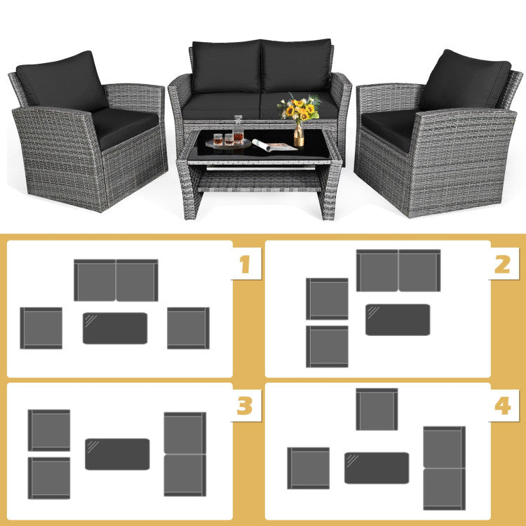 4-Piece Patio Rattan Furniture Set Sofa Table with Storage Shelf Cushion