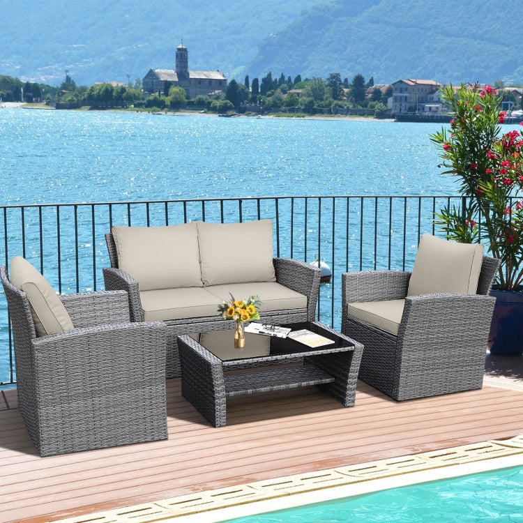 4-Piece Patio Rattan Furniture Set Sofa Table with Storage Shelf Cushion