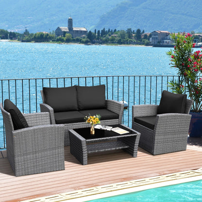 4-Piece Patio Rattan Furniture Set Sofa Table with Storage Shelf Cushion