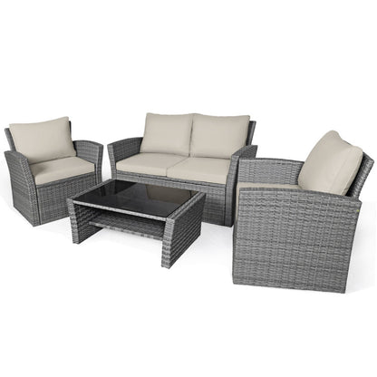 4-Piece Patio Rattan Furniture Set Sofa Table with Storage Shelf Cushion