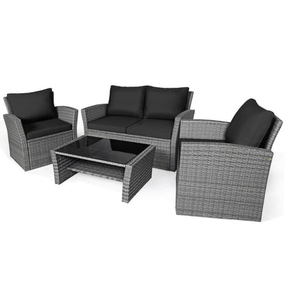 4-Piece Patio Rattan Furniture Set Sofa Table with Storage Shelf Cushion