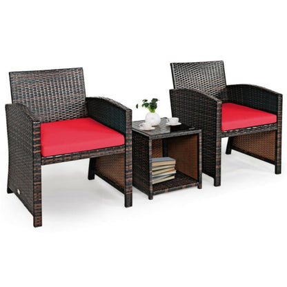 3-Piece PE Rattan Wicker Furniture Set with Cushion Sofa and Coffee Table