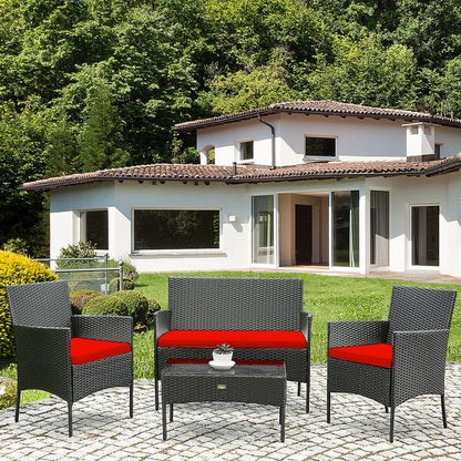 4-Piece Patio Rattan Cushioned Sofa Set with Tempered Glass Coffee Table