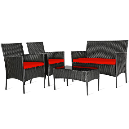 4-Piece Patio Rattan Cushioned Sofa Set with Tempered Glass Coffee Table