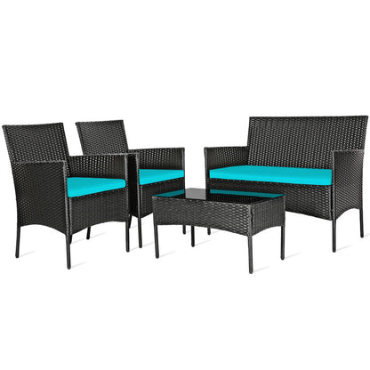 4-Piece Patio Rattan Cushioned Sofa Set with Tempered Glass Coffee Table