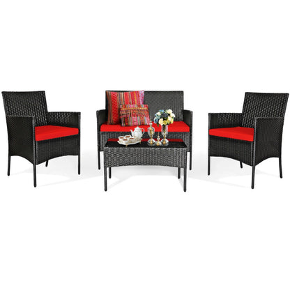 4-Piece Patio Rattan Cushioned Sofa Set with Tempered Glass Coffee Table