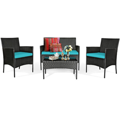 4-Piece Patio Rattan Cushioned Sofa Set with Tempered Glass Coffee Table