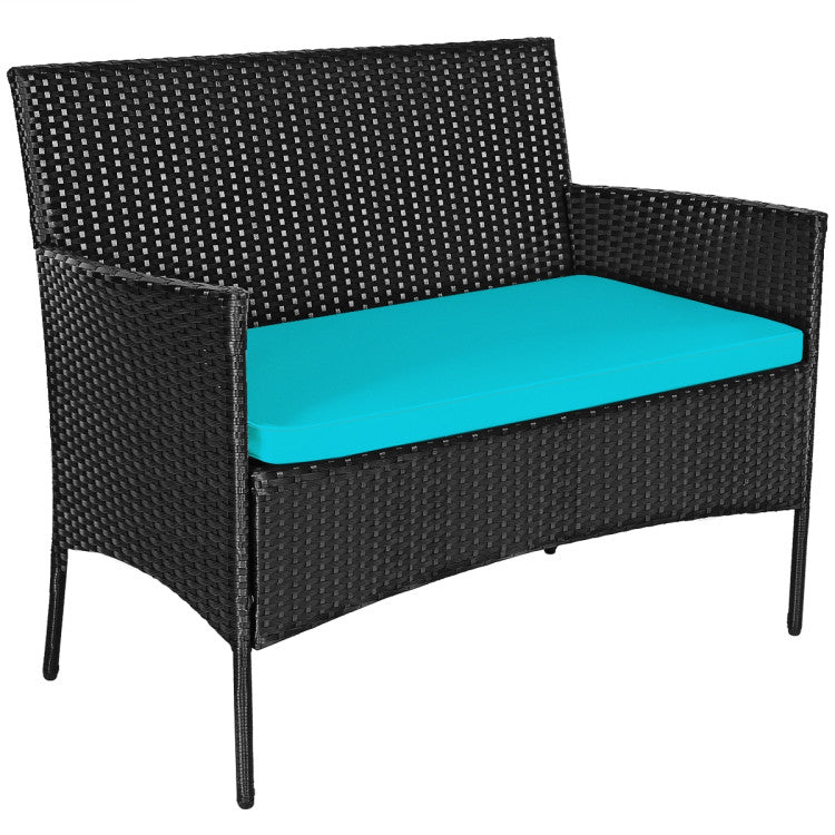 4-Piece Patio Rattan Cushioned Sofa Set with Tempered Glass Coffee Table