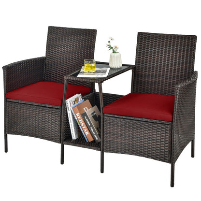 Rattan Wicker Conversation Set with Cushioned Loveseat and Glass Table