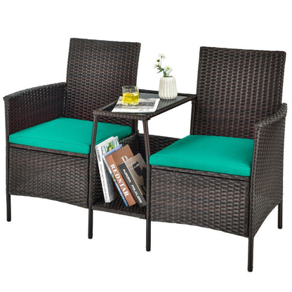 Rattan Wicker Conversation Set with Cushioned Loveseat and Glass Table