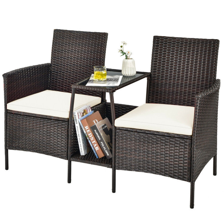 Rattan Wicker Conversation Set with Cushioned Loveseat and Glass Table