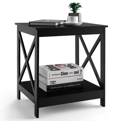 2-Tier Side Table with X-shape Design and 4 Solid Legs