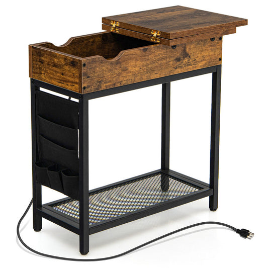 Industrial End Table with Charging Station and Flip Top