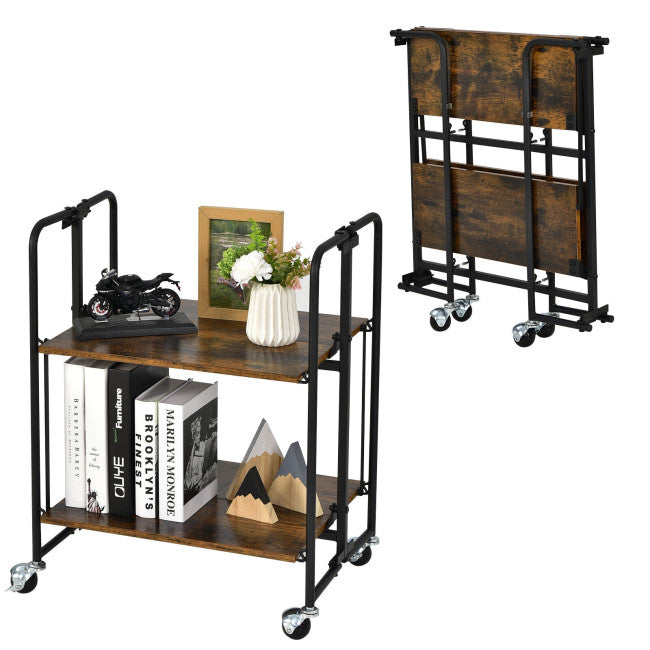 2-Tier Folding Rolling Cart with Metal Frame