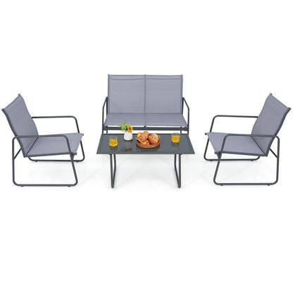 4-Piece of Metal Patio Furniture Chat Set with Tempered Glass Coffee Table