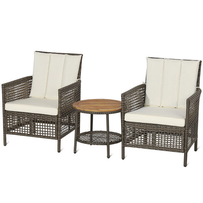 3-Piece Patio Rattan Furniture Set with Cushioned Sofas and Wood Table Top