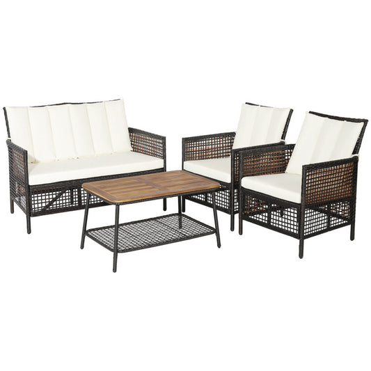 4-Piece Patio Rattan Furniture Set with 2-Tier Coffee Table