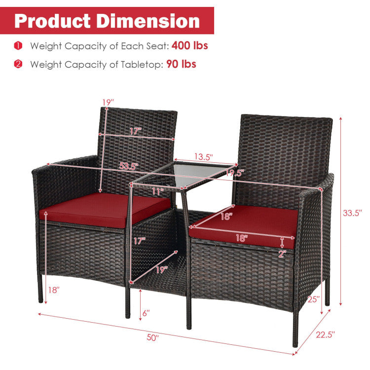 Rattan Wicker Conversation Set with Cushioned Loveseat and Glass Table