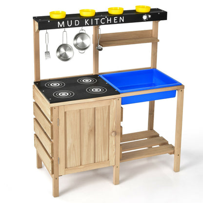 Costway Outdoor Mud Kids Kitchen Playset Wooden Pretend Play Toy with Kitchenware