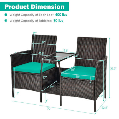 Rattan Wicker Conversation Set with Cushioned Loveseat and Glass Table