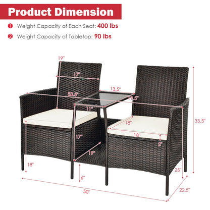 Rattan Wicker Conversation Set with Cushioned Loveseat and Glass Table