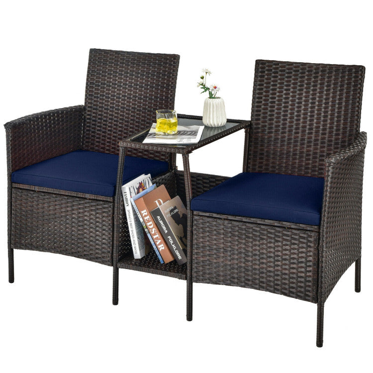 Rattan Wicker Conversation Set with Cushioned Loveseat and Glass Table