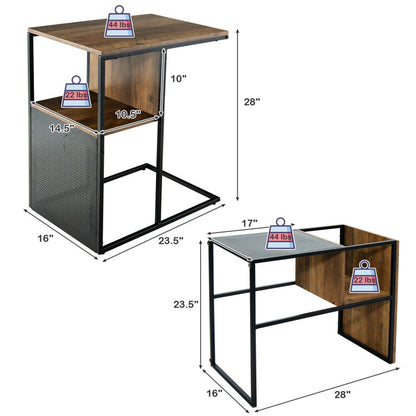 2-Tier C-Shaped Reversible End Table with Wooden Shelf for Living Room