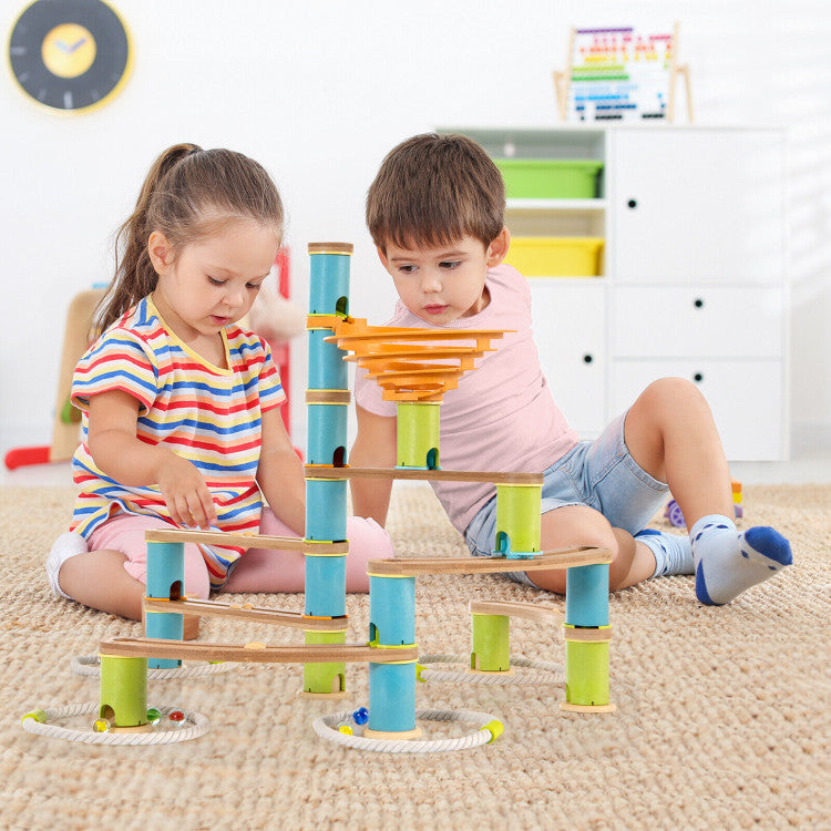 Costway Bamboo Build Run Toy with Marbles for Kids Over 4