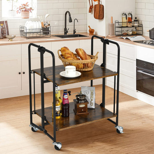 2-Tier Folding Rolling Cart with Metal Frame