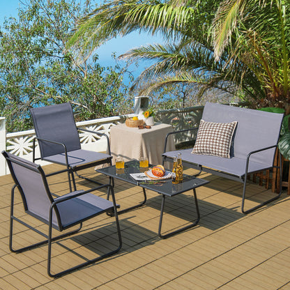 4-Piece of Metal Patio Furniture Chat Set with Tempered Glass Coffee Table