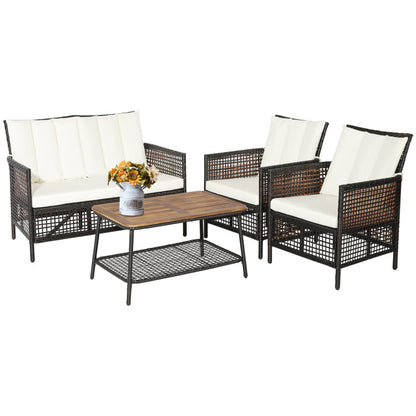 4-Piece Patio Rattan Furniture Set with 2-Tier Coffee Table