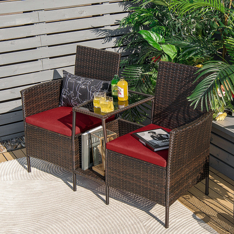 Rattan Wicker Conversation Set with Cushioned Loveseat and Glass Table