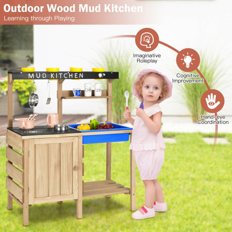 Costway Outdoor Mud Kids Kitchen Playset Wooden Pretend Play Toy with Kitchenware