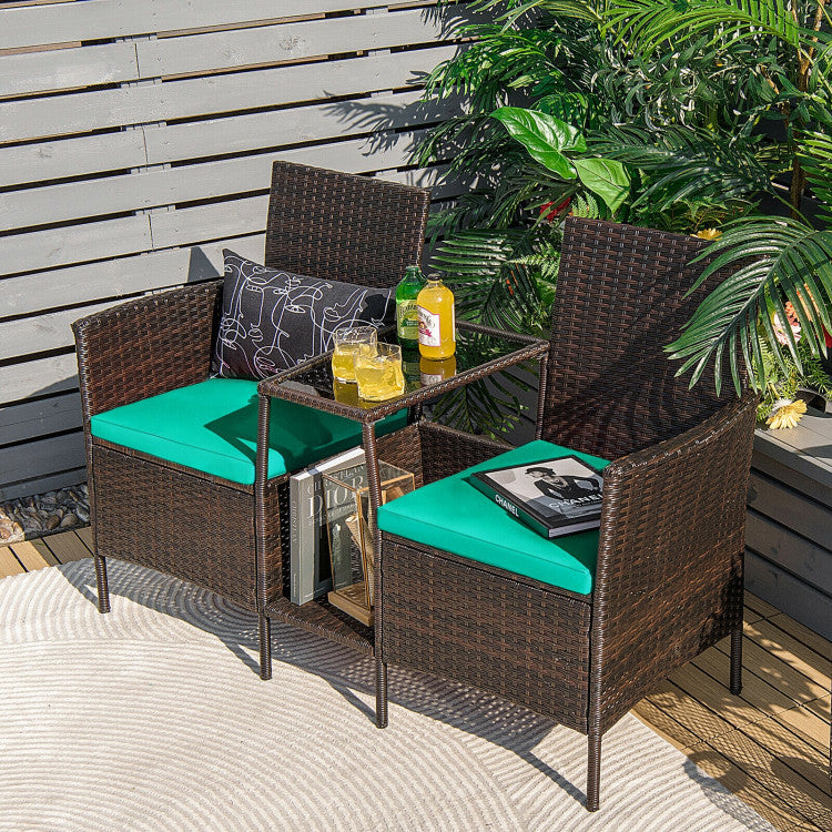 Rattan Wicker Conversation Set with Cushioned Loveseat and Glass Table