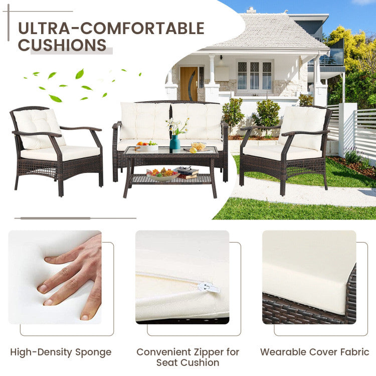 4-Piece Outdoor Rattan Conversation Set with Protective Cover