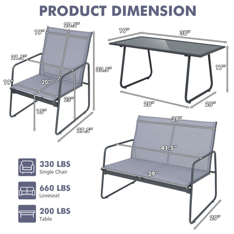 4-Piece of Metal Patio Furniture Chat Set with Tempered Glass Coffee Table