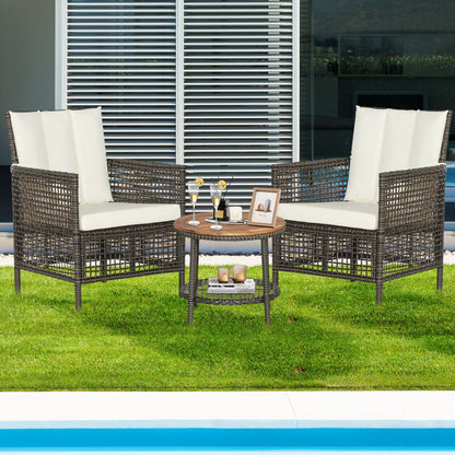 3-Piece Patio Rattan Furniture Set with Cushioned Sofas and Wood Table Top