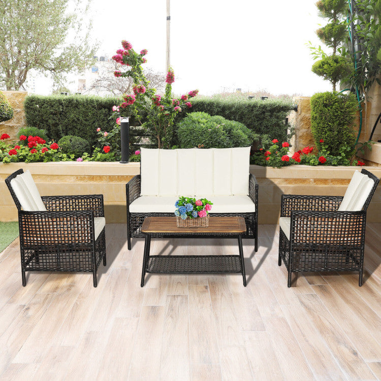 4-Piece Patio Rattan Furniture Set with 2-Tier Coffee Table