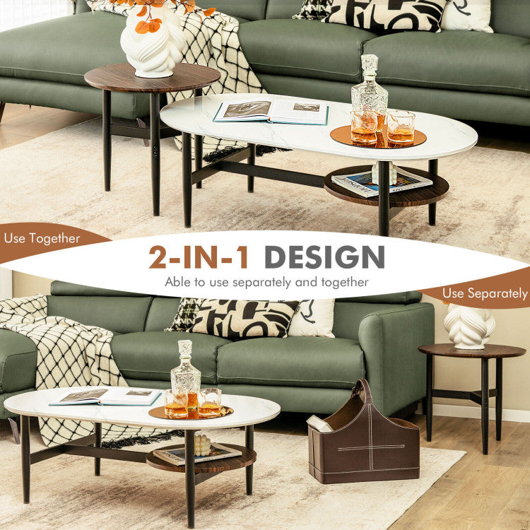 2 in 1 Nesting Coffee Table with Oval Coffee Table and Small Round Table