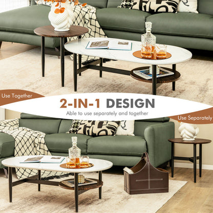 2 in 1 Nesting Coffee Table with Oval Coffee Table and Small Round Table